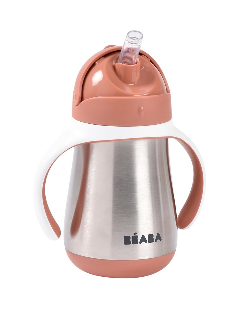 Baba Beaba Stainless Steel Straw Sippy Cup, Insulated Toddler Cups Spill Proof with Removable Handles, Made with High Grade Stainless Steel, 8+ months, 8.5 oz Terracotta - Image 1